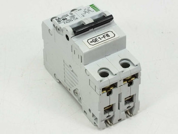 Eaton Moeller FAZN C6 2-pole DIN rail circuit breaker – front left angle view showing label and asset tag
