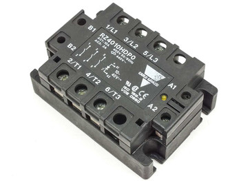 Carlo Gavazzi RZ4010HDP0 3-phase solid state relay block front view showing model label, AC1 10A AC3 2A 400V rating, and terminal markings