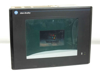Allen-Bradley 6180-DHKEFGBZFCZ 15-inch industrial touchscreen PC front panel showing Windows NT Workstation boot screen on display