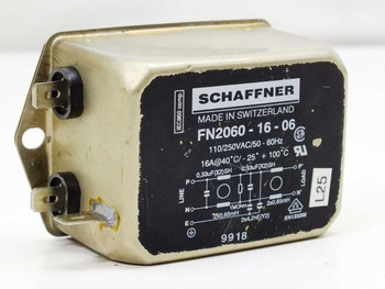 Schaffner FN2060-16-06 EMI line filter – front label view showing model, voltage, and circuit diagram