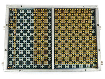 HP 11353A Diagnostic Fixture pin array close-up showing gold pins and black sockets in grid pattern across two PCB sections