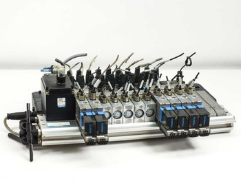 Festo IFB8-02 bus interface unit with full solenoid valve manifold assembly — angled front-left overview showing all valves and pneumatic fittings