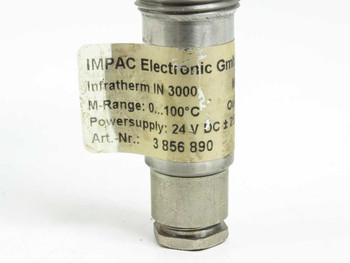 IMPAC Electronic GmbH Infratherm IN 3000 label close-up showing model, measuring range 0–100°C, power supply 24V DC, and Art.-Nr. 3856890