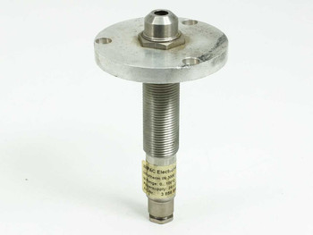 IMPAC Electronic Infratherm IN 3000 infrared sensor head with circular stainless steel flange mount — angled front view showing label and body
