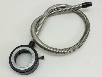 Fiber optic ring light illuminator with 38-inch stainless steel armored flex cable — full assembly view from above showing ring housing and input tip