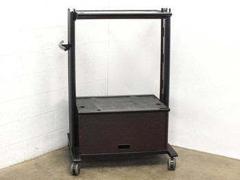 Mobile AV cart showing open upper frame, lower shelf, and storage cabinet — front right view