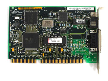 Intel 350020-001 EtherExpress ISA LAN adapter – top-down PCB view showing Intel controller chip, 308431-001 label, and Valor FL1020-001 transformer