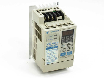 Yaskawa CIMR-XCAA20P2 VS Mini inverter drive — front-right angled view showing RUN/ALARM indicators and JVOP-120 digital operator panel