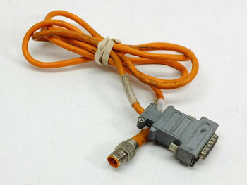 Lumberg Automation RST 5-56/2M M12 5-pin male to DA-15 female orange cable, full length coiled view showing both connectors