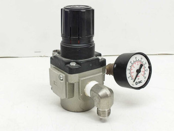SMC AR30-N03-Z modular pneumatic pressure regulator with gauge and elbow fitting — right-side front view