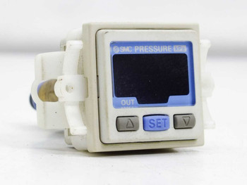 SMC ZSE30-01-25 2-color digital pressure switch – front panel view showing blue LCD display, OUT indicator, and SET navigation buttons