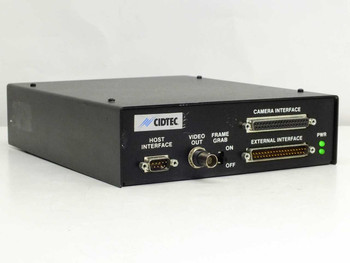 Cidtec ICM7000FX1 Video Camera Interface front panel — HOST INTERFACE DB9, VIDEO OUT BNC, FRAME GRAB switch, CAMERA INTERFACE and EXTERNAL INTERFACE parallel connectors, PWR LEDs