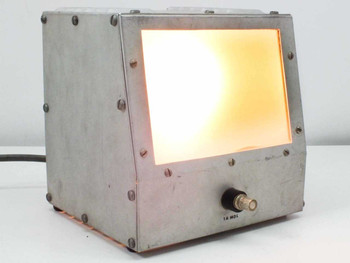 Stainless steel adjustable voltage light box front and side view — illuminated transparent 6.5x4.5 panel glowing, unit powered on