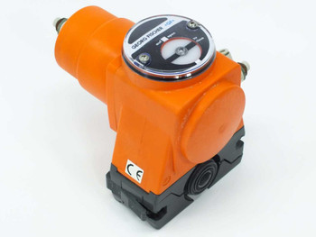 Georg Fischer +GF+ Type J double acting pneumatic ball valve front view with orange actuator body and CE marking on mounting plate