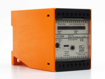 IFM Electronic VS 0200 SY 0101 flow controller – left-side angle view showing orange DIN rail housing, top screw terminal block pins 1–8, and front label with relay and flow wiring diagram