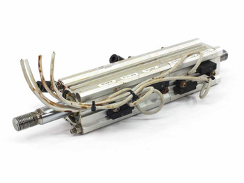 SMC CDQ2B32-60DM and CDQ2KB32-35DM compact pneumatic cylinder pair – top angled view showing both cylinders mounted together with wiring leads