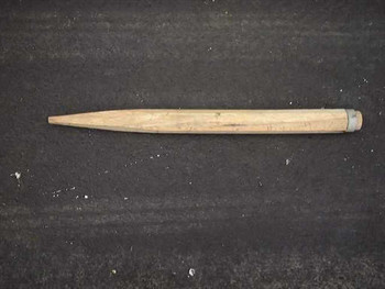 US Tucker military wooden tent stake showing tapered point and metal band at top — side profile view