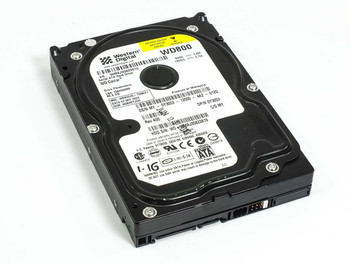 Western Digital WD800 WD Caviar 80GB SATA 3.5" hard drive – angled top view showing SATA data and power connectors at rear