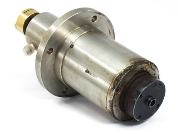Stainless steel drive cylinder rear oblique view showing lower rotation section, threaded holes, and motor mount end cap with surface patina