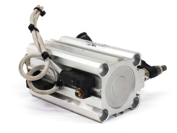 SMC CDQ2B32-50DM-J79L cylinder — rear/side view showing body profile, push-in fittings, and auto-switch sensor wiring