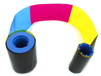 Zebra 800131-545 YMCK ribbon unrolled showing Yellow, Magenta, Cyan, and Black resin color panels on blue plastic spools