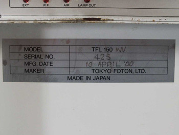 Tokyo Foton TFL 150 INV model label showing serial number 425, manufacture date 10 April 2000, maker Tokyo Foton Ltd, Made in Japan