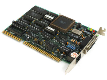 Winbond EN-2200T 16-bit ISA NIC — top-side component view showing DP83902V chipset and AUI/RJ45 bracket ports