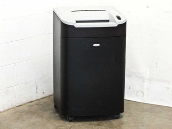GBC ShredMaster GLM11 micro-cut paper shredder – front three-quarter view showing full unit on casters