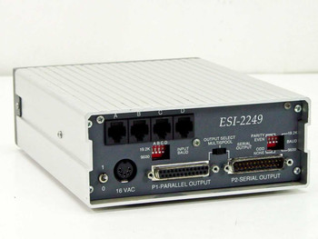 Extended Systems ESI-2249A rear panel showing 4 RJ inputs, P1 parallel output, P2 serial output, DIP switches, and 16VAC power socket