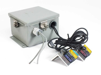 Keyence BL-1301 laser barcode readers and N-R4 amplifiers with Wiegmann BN4060604CHWW cutout box – full assembly front view with cables and readers laid out