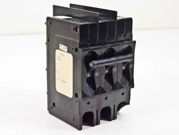 Airpax 55-700048 3-pole 50A circuit breaker front view showing three toggle handles each marked 50
