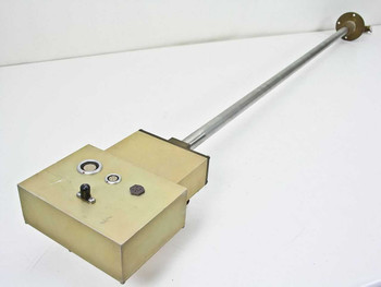 Vacuum chamber 43-inch electrical feedthrough tube assembly – right-side view showing full length stainless shaft and brass enclosure box with front panel connectors