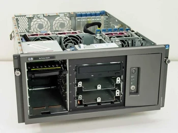 HP ProLiant ML370 tower server front three-quarter view with side panel removed showing empty drive bays and CD-R drive installed
