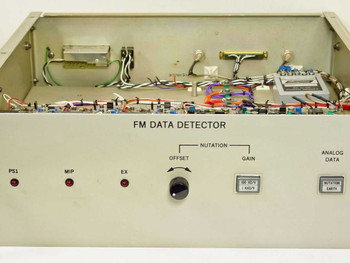 Hughes 3814120-100 FM Data Detector — front panel close-up showing PS1, MIP, EX indicators, Nutation Offset/Gain controls, and Analog Data output