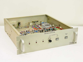 Hughes 3814120-100 FM Data Detector Galaxy Rev B — front-left three-quarter view with top cover removed showing internal PCB assembly