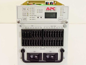 APC MAA-0852 UPS enclosure front panel close-up showing BATT TEST, FLOAT/EQUAL, LOAD, LAMP/BUZZ buttons, LED status indicators, CB1 and CB2 circuit breaker switches, and CBA and Fan Tray connector sections