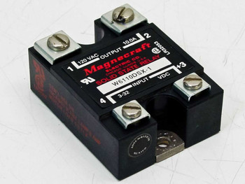 Magnecraft W6110DSX-1 Solid State Relay — front label showing 120VAC output, 10A, 3-32VDC input, screw terminals