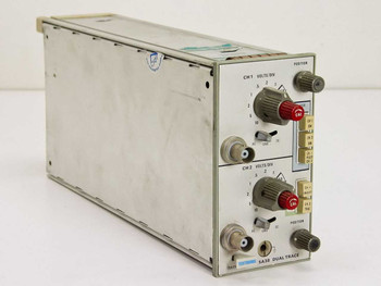 Tektronix 5A38 Dual Trace vertical plug-in module – angled front and side view showing CH1 and CH2 VOLTS/DIV knobs and BNC inputs