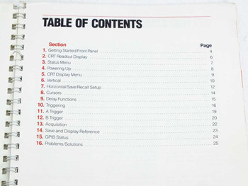 Tektronix 2430 User Reference Guide – table of contents page showing 16 sections including Front Panel, CRT Display, Triggering, Acquisition, and GPIB Status