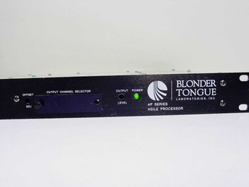 Blonder Tongue AP60-550 AP Series Agile Processor – front panel close-up showing Output Channel Selector, Offset Adj, Output Level, and Power LED illuminated green