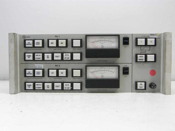 Varian VJW6767D8 front panel close-up — PA1 and PA2 sections with labeled indicator/alarm buttons, analog meters, Auto/Manual and PA On/Line selector switches