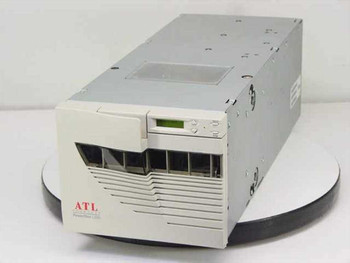 Quantum ATL PowerStor L200 DLT tape library front-left angle view showing ATL branding, tape slots, and LCD panel — missing external beige side cover