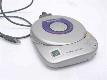 Archos XS4424 Mini CD-RW Drive front view showing MiniCDRW disc tray, CDRW 4x4x24x label, and attached USB cable