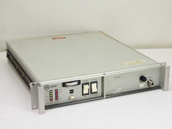 Varian VZC6961D7W1 C-Band TWT Amplifier — front panel view showing STATUS and FAULT LED indicators, HELIX CURRENT meter, POWER and HV ON switches, rackmount chassis
