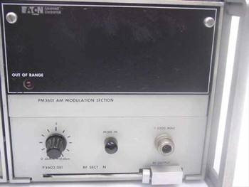 Eaton 380K11 PM3601 AM Modulation Section front panel — showing OUT OF RANGE indicator, output level knob (0 dBm to -10 dBm), MOD IN connector, 1000 MHz RF OUTPUT port, and Eaton Advanced Electronics branding