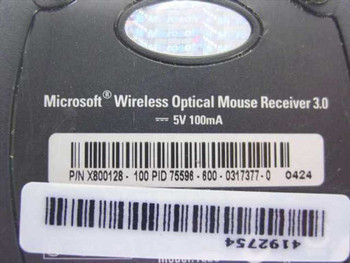 Microsoft X800128 Wireless Optical Mouse Receiver 3.0 – bottom label showing part number X800128-100, PID 75598-600-0317377-0, and 5V 100mA rating