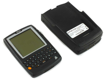 RIM R857D-2-5 BlackBerry PDA shown next to Apriva B5700E barcode scanner cradle, front view