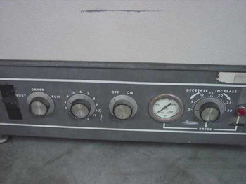 Recordak Prostar DVR film processor – close-up of front control panel showing dryer switch, speed dial, pressure gauge, and dryer increase/decrease knob