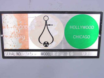 Hollywood Film Company ENM 16 identification plate showing serial number 295, model ENM 16, Hollywood Film Company branding with Hollywood and Chicago locations