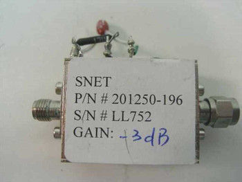 SNET 201250-196 amplitude limiter top view showing label with P/N, S/N LL752, and -3dB gain marking